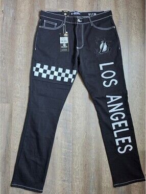 Fisll Denim Slim Fit Black Jeans with Los Angeles Print and Checkerboard Design